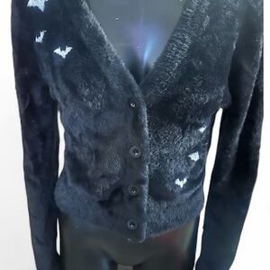 Dolls Kill Black Faux Fur Button-Up sweater with bats